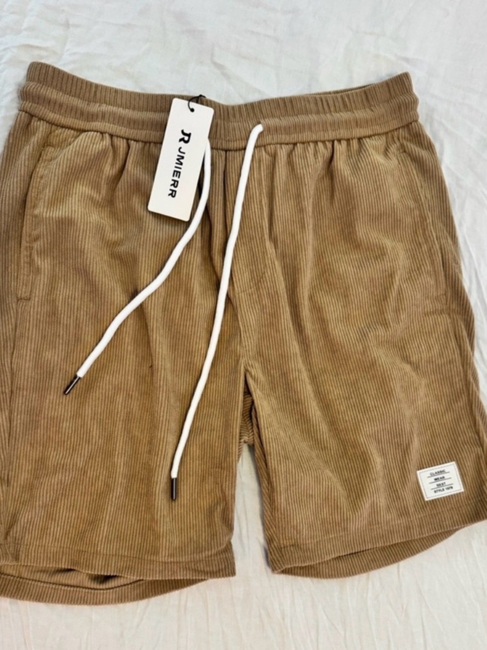 Tan Corduroy Cargo Shorts with Drawstring